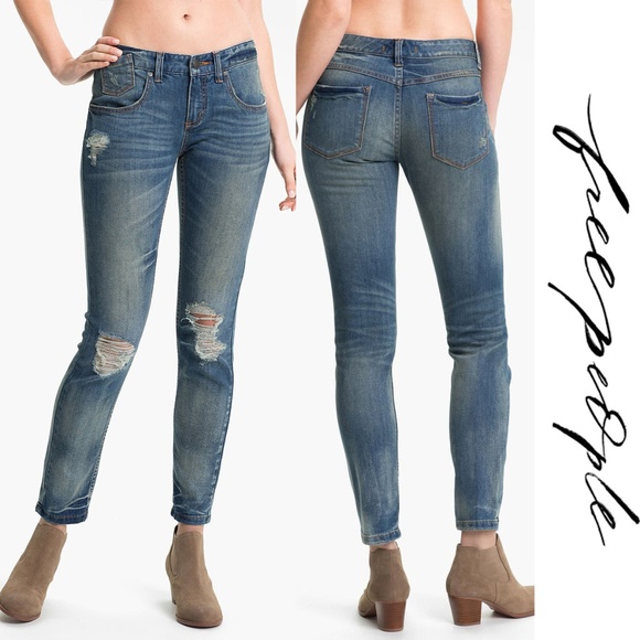 Free People Denim - Free People Stretch Skinny Jeans Destroyed Denim Distressed Blue Size 25